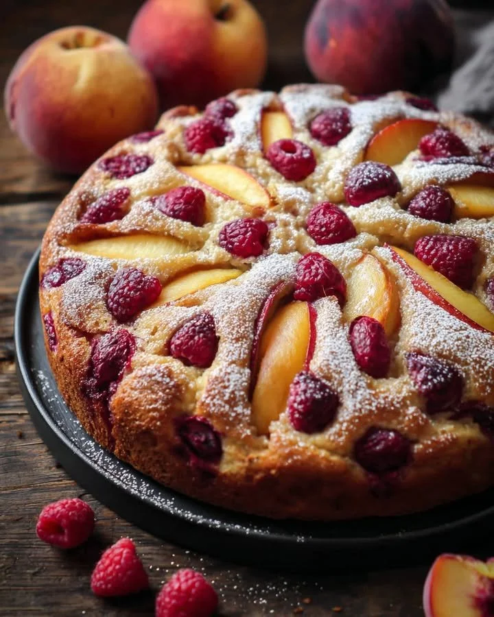 Delicious Raspberry Peach Greek Yogurt Cake garnished with fresh fruits