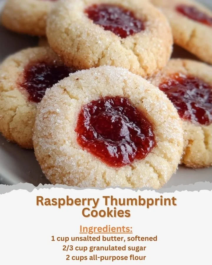 Plate of homemade Raspberry Thumbprint Cookies with raspberry jam filling
