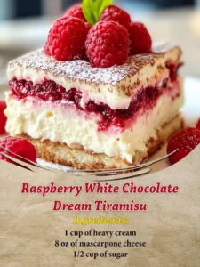 Raspberry Tiramisu with white chocolate layers and fresh raspberries