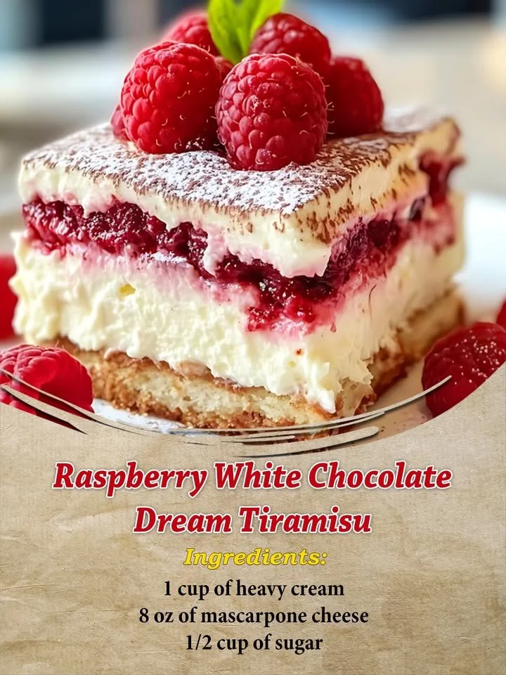 Raspberry Tiramisu with white chocolate layers and fresh raspberries
