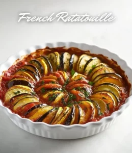 Beautifully plated Ratatouille dish with vibrant vegetables in a rustic setting