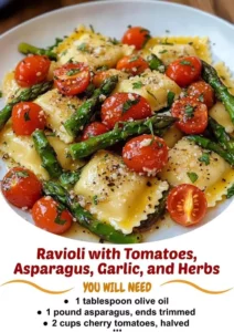 Delicious ravioli with tomatoes, asparagus, garlic, and herbs on a plate.