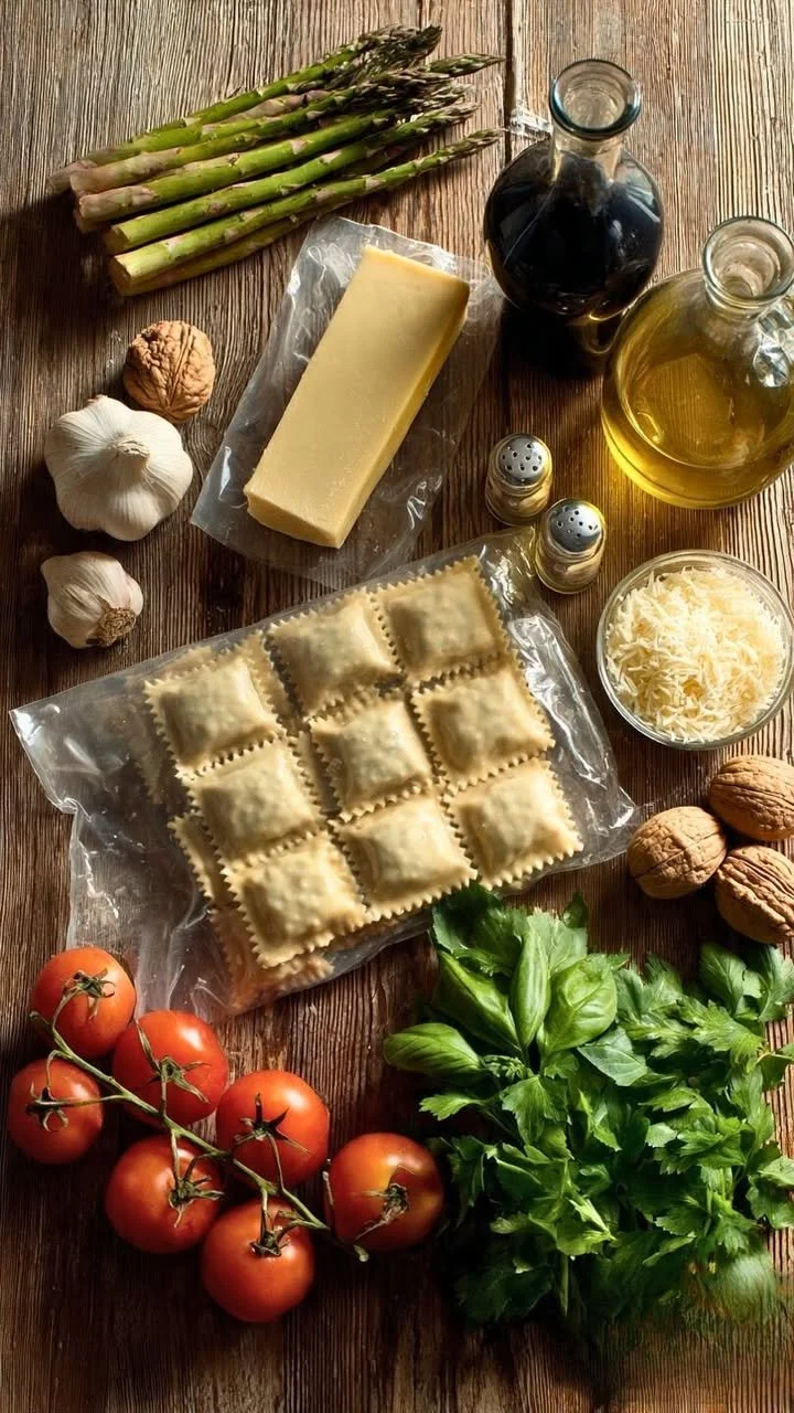 Delicious ravioli with tomatoes, asparagus, garlic, and fresh herbs