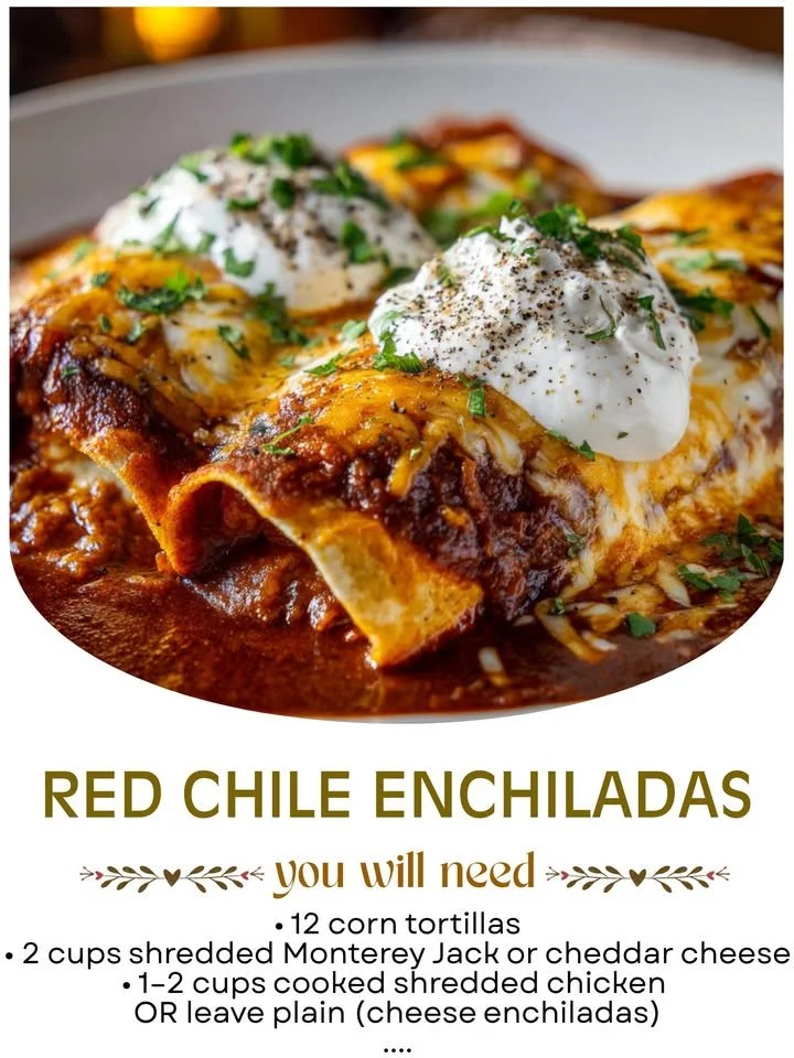 Delicious red chicken enchiladas topped with cheese and fresh ingredients.