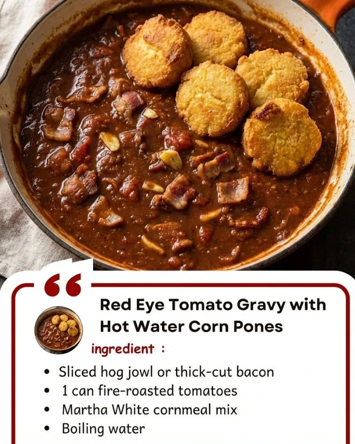 Bowl of Red Eye Tomato Gravy served with hot water corn pones.