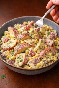 A vibrant bowl of red potato salad with herbs and dressing, perfect for summer meals.