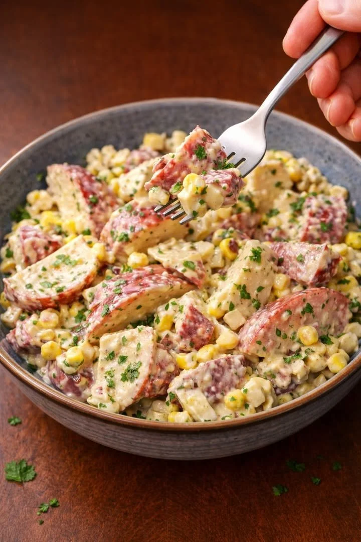 A vibrant bowl of red potato salad with herbs and dressing, perfect for summer meals.