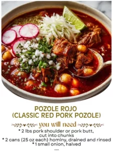 Bowl of classic red pozole topped with radishes and lime, showcasing vibrant colors and ingredients.