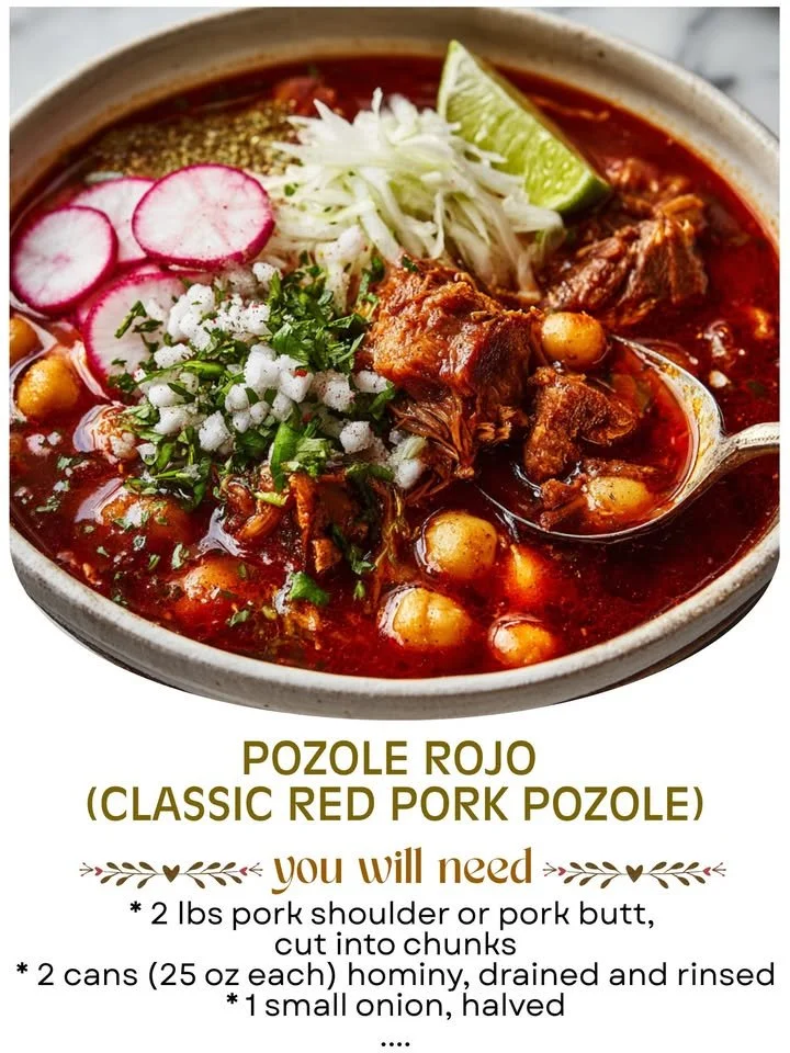 Bowl of classic red pozole topped with radishes and lime, showcasing vibrant colors and ingredients.