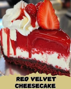 Delicious Red Velvet Cheesecake topped with cream cheese frosting on a white plate
