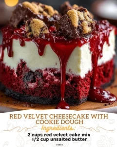 Delicious Red Velvet Cheesecake topped with Cookie Dough