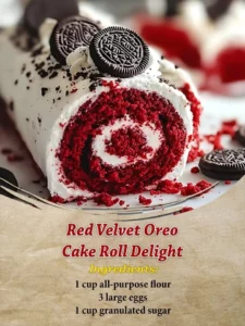 Delicious Red Velvet Oreo Cake Roll decorated with cream and Oreos