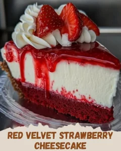 Red Velvet Strawberry Cheesecake with fresh strawberries and cream garnish