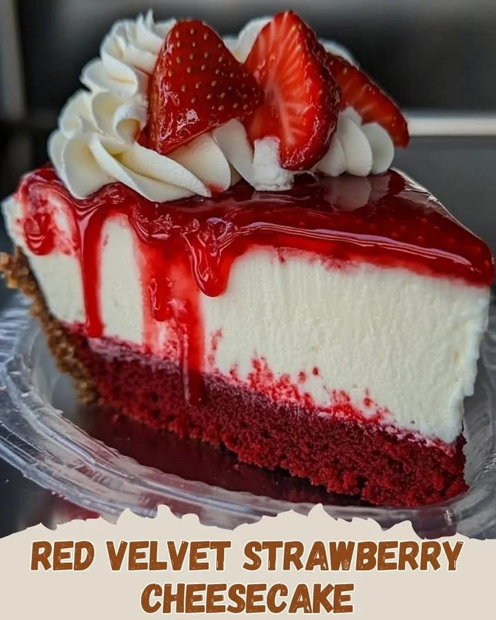 Red Velvet Strawberry Cheesecake with fresh strawberries and cream garnish