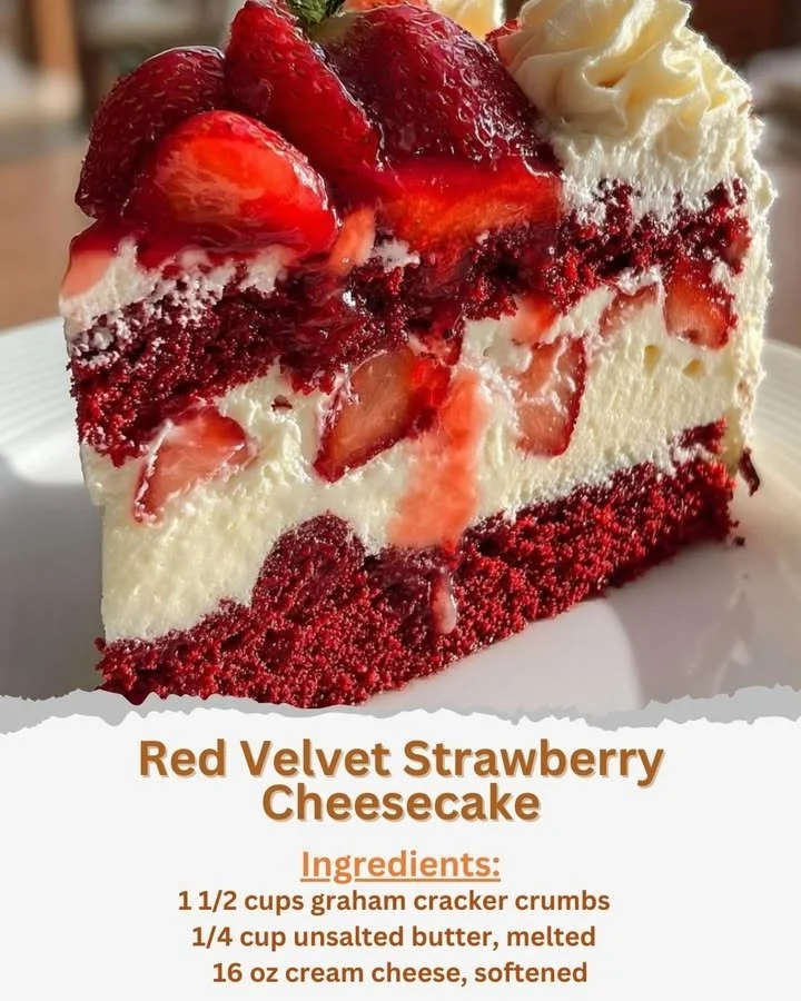 Slice of red velvet strawberry cheesecake topped with fresh strawberries and cream.