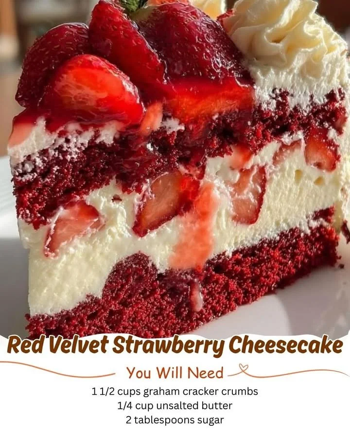 Red Velvet Strawberry Cheesecake topped with fresh strawberries and whipped cream