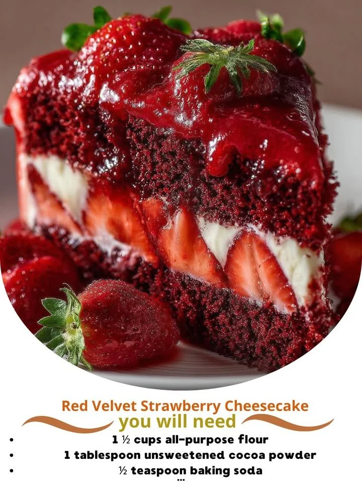 Delicious Red Velvet Strawberry Cheesecake slice garnished with fresh strawberries