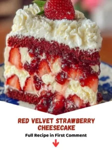 Red Velvet Strawberry Cheesecake with creamy layers and fresh strawberries