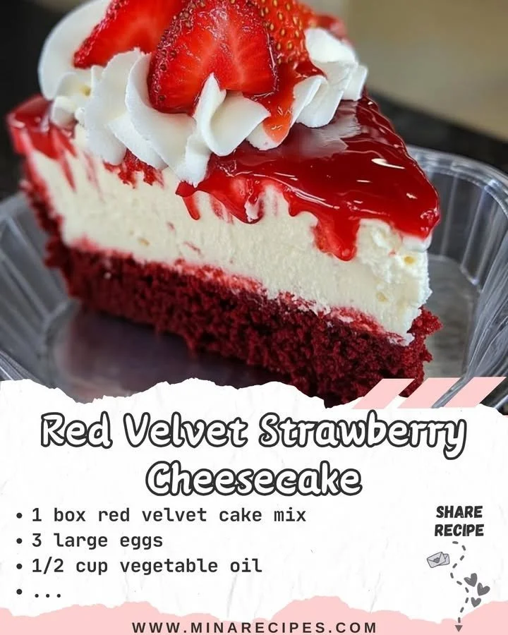 Red Velvet Strawberry Cheesecake topped with fresh strawberries and creamy frosting.