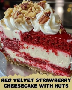 Delicious red velvet strawberry cheesecake topped with nuts