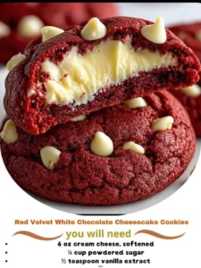 Red Velvet White Chocolate Cheesecake Cookies stacked on a plate