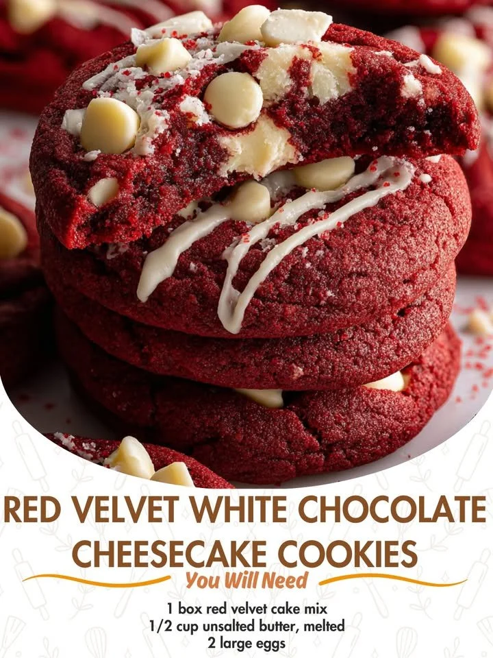 Red Velvet White Chocolate Cheesecake Cookies topped with cream cheese frosting