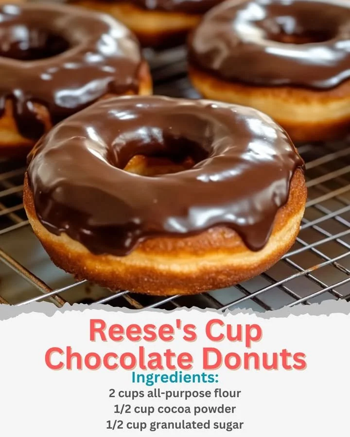 Reese's Cup chocolate donuts topped with peanut butter icing and chocolate drizzle