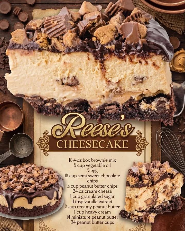 Delicious slice of Reese's Peanut Butter Cheesecake topped with chocolate and peanut butter.