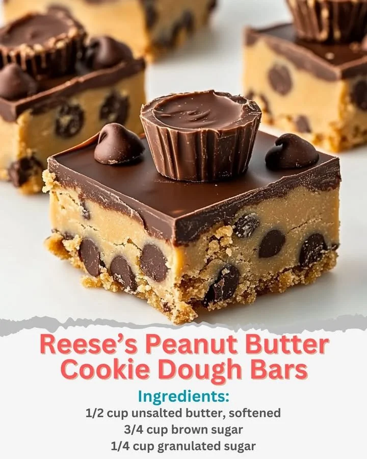 Delicious Reese's Peanut Butter Cookie Dough Bars topped with chocolate.