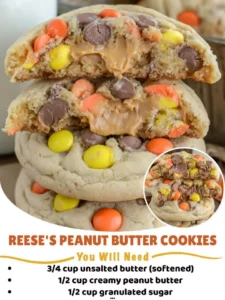 Plate of freshly baked Reese's Peanut Butter Cookies with chocolate chunks