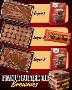 Delicious REESE'S peanut butter cup brownies topped with chocolate and peanut butter.