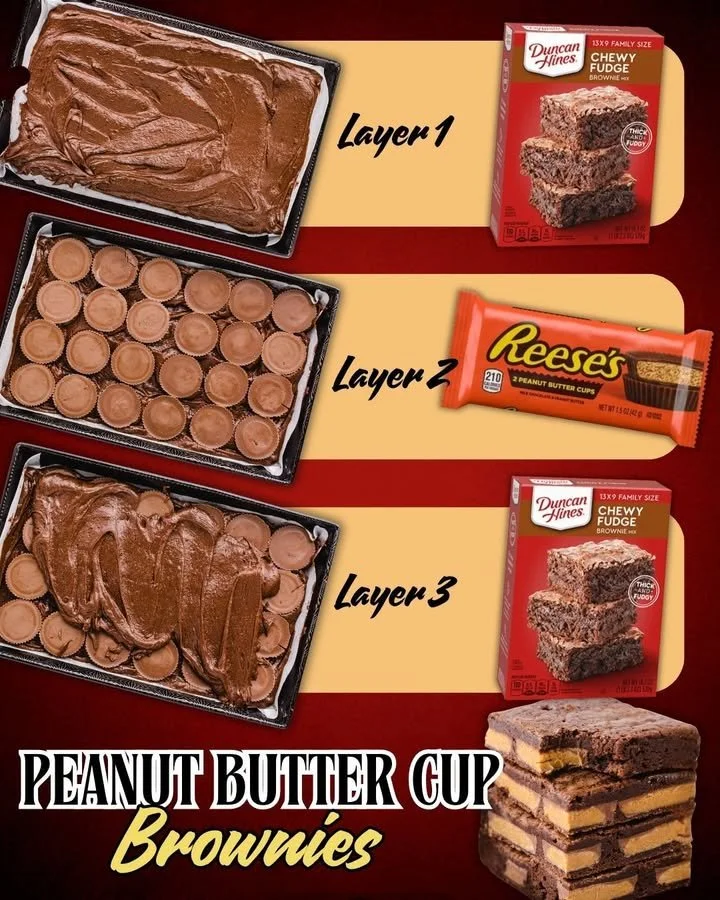 Delicious REESE'S peanut butter cup brownies topped with chocolate and peanut butter.