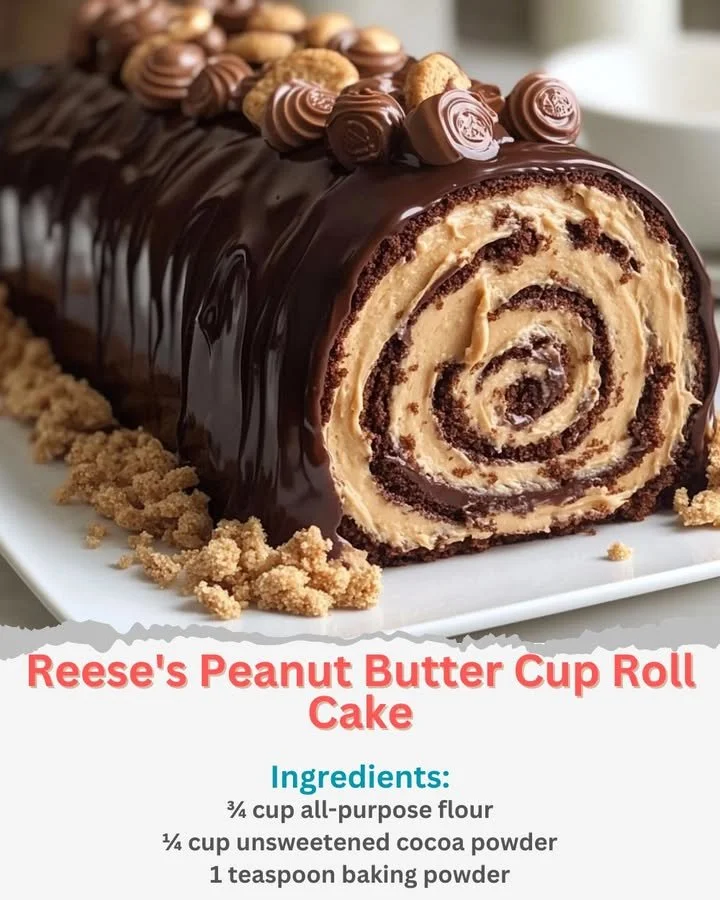 Layers of Reese's Peanut Butter Cup Roll Cake with chocolate and peanut butter filling