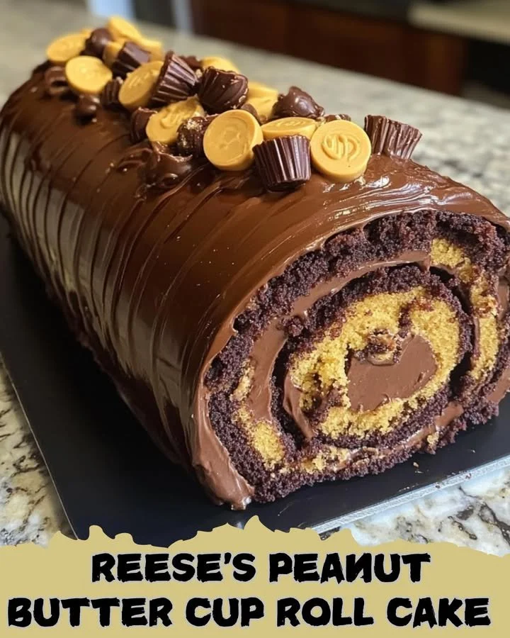 Delicious Reese's Peanut Butter Cup Roll Cake with chocolate and peanut butter filling