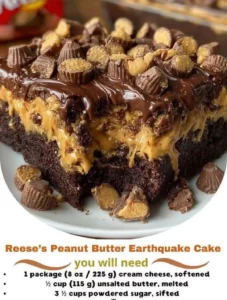 Delicious Reese's Peanut Butter Earthquake Cake with gooey chocolate and peanut butter toppings