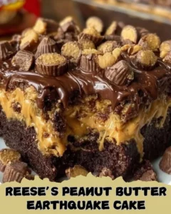 Delicious Reese's Peanut Butter Earthquake Cake with chocolate and peanut butter swirls.