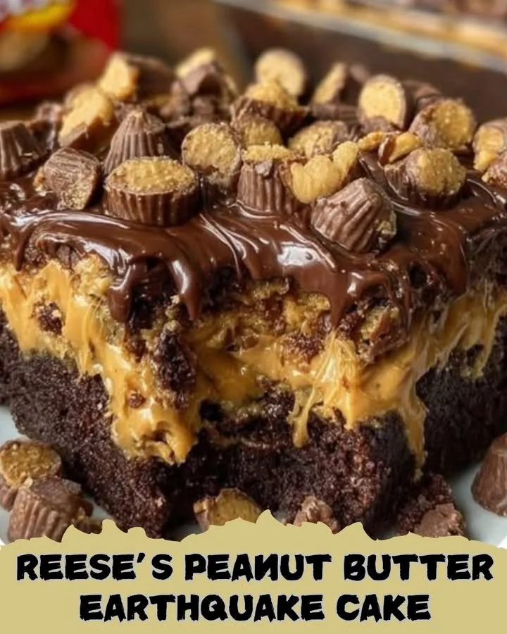 Delicious Reese's Peanut Butter Earthquake Cake with chocolate and peanut butter swirls.