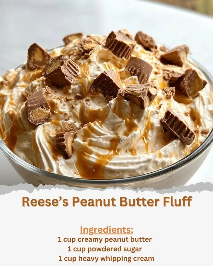 Delicious bowl of Reese's Peanut Butter Fluff dessert topped with chocolate