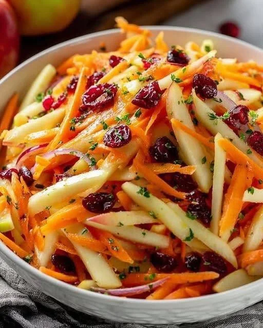 Refreshing apple cranberry carrot salad served in a bowl with mint garnish