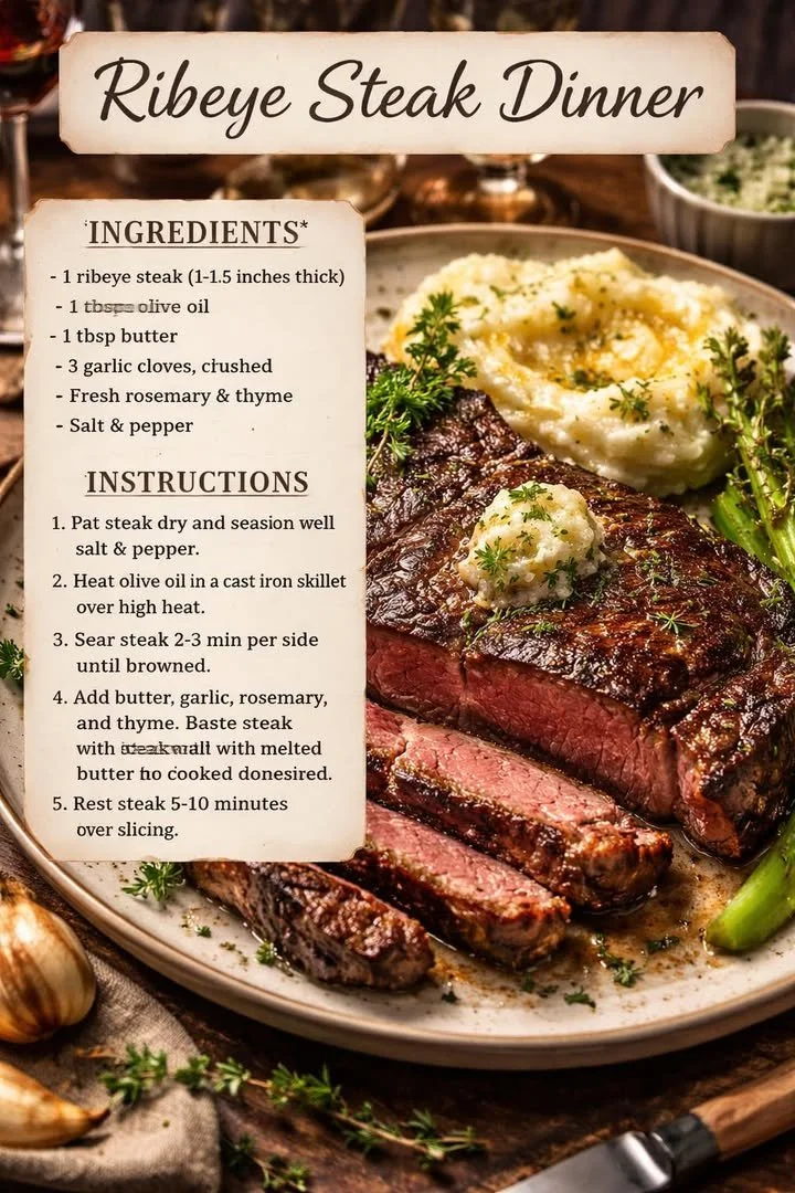 Juicy ribeye steak dinner served with sides and garnished for an elegant presentation.