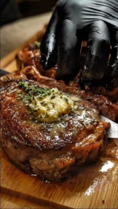 Ribeye steak garnished with garlic-thyme butter on a wooden cutting board