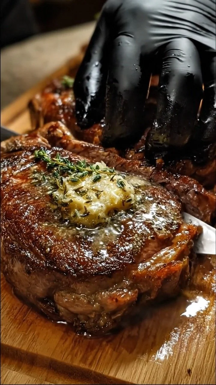 Ribeye steak garnished with garlic-thyme butter on a wooden cutting board