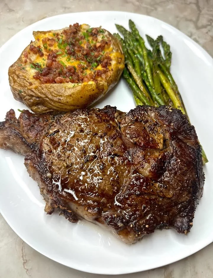 Ribeye with Baked Potato and Asparagus