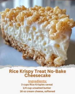 No-bake Rice Krispy Treat Cheesecake topped with marshmallows and crispy rice treats