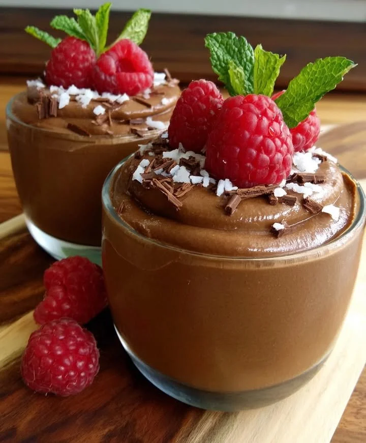Delicious rich vegan chocolate mousse with avocado topped with cocoa