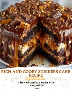 Rich and Gooey Snickers Cake topped with chocolate and caramel drizzle