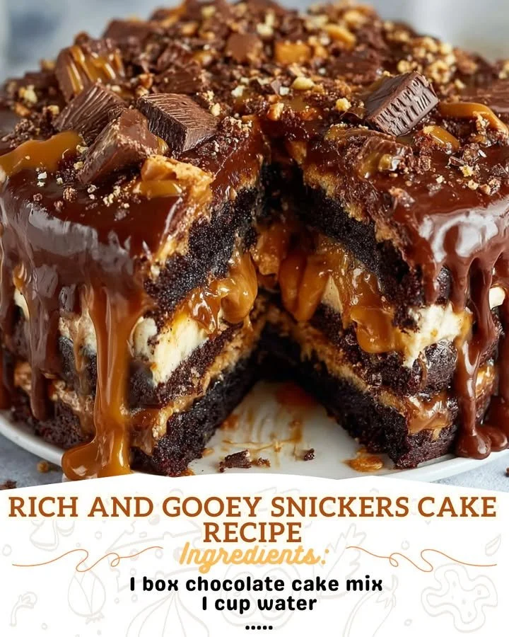 Rich and Gooey Snickers Cake topped with chocolate and caramel drizzle