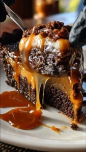 Deliciously rich caramel brownie pie with gooey texture and drizzled caramel