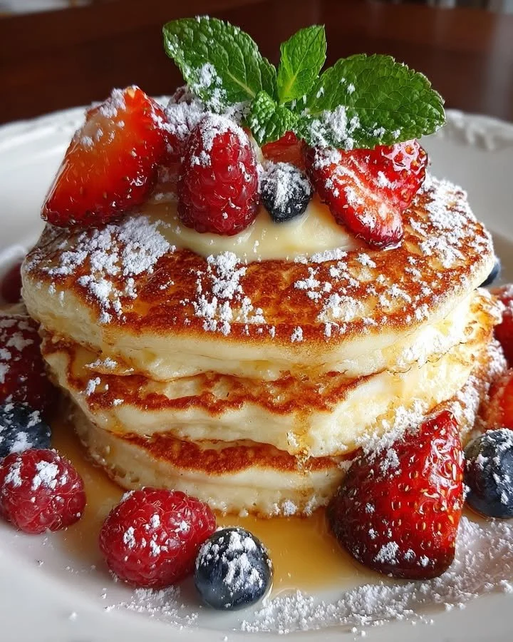 Ricotta Pancakes with Lemon Curd & Fresh Berries