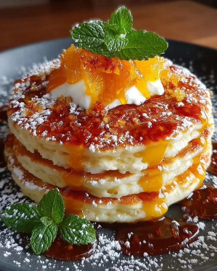 Fluffy ricotta soufflé pancakes topped with lemon curd and caramelized blood orange slices.